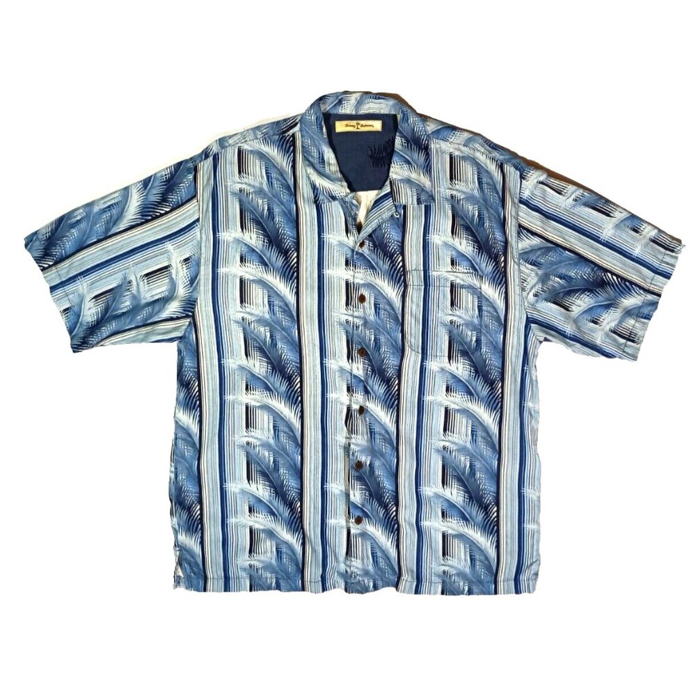 Tommy Bahama Shirt Mens XL Blue Short Sleeve 100% Silk Hawaiian Shirt Button Up